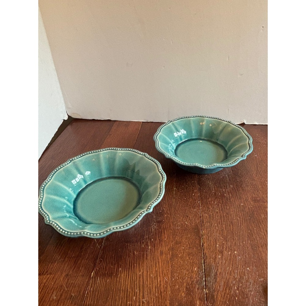 Pioneer Woman Paige Teal Pasta Bowls Set of 2 Scalloped Beaded Rim 8.5 Inch